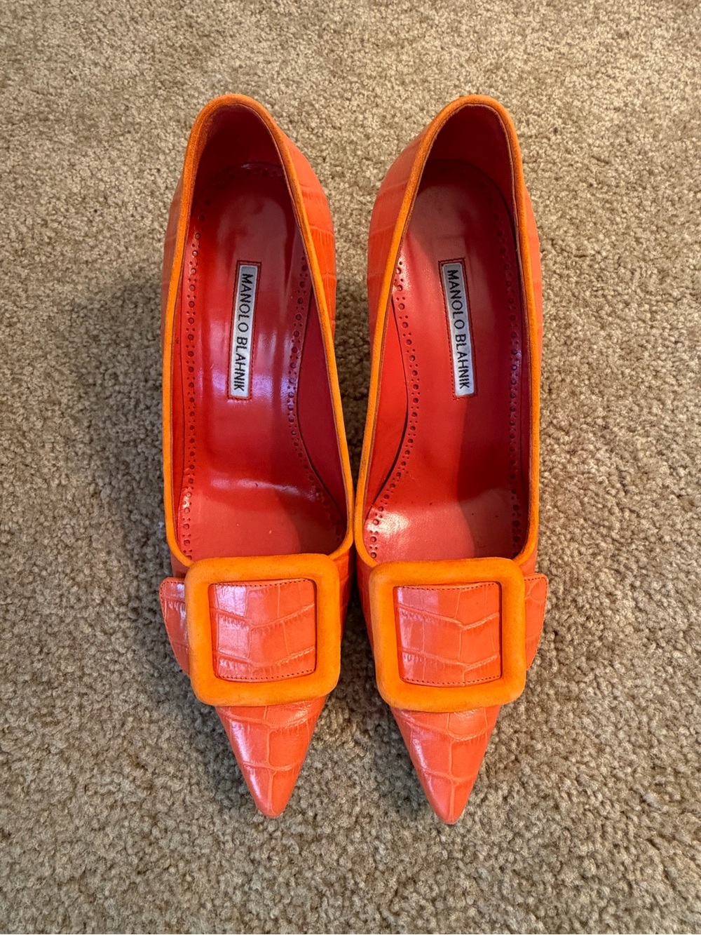 Manolo Blahnik Orange Croc-Embossed Pointed Buckle Pumps